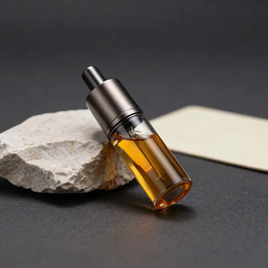 THC vape cart beside a pale stone wedge on a dark studio surface