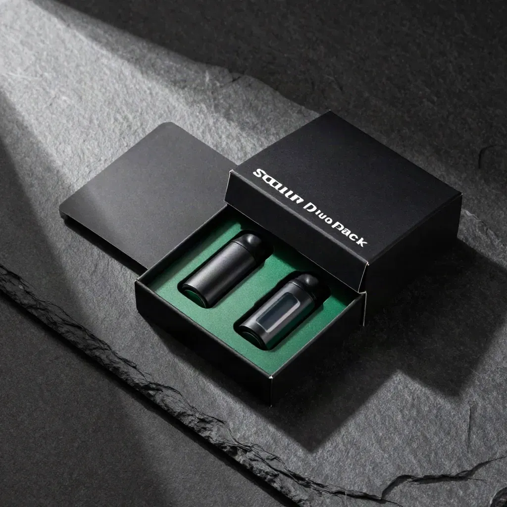 Top-down unmarked THC pod duo in an open box on dark stone with soft green accent