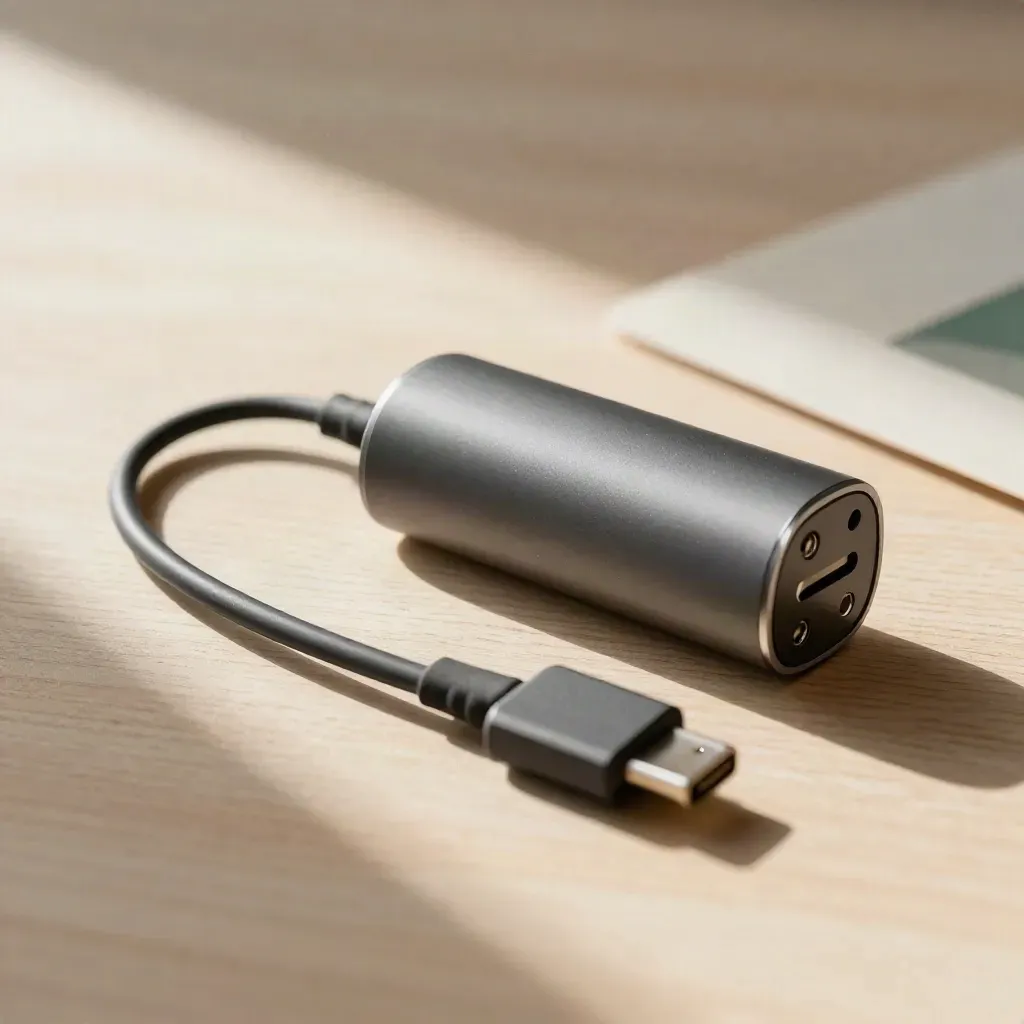 USB-C charger kit on pale wood with cable loop, adapter, and soft deep-green accent