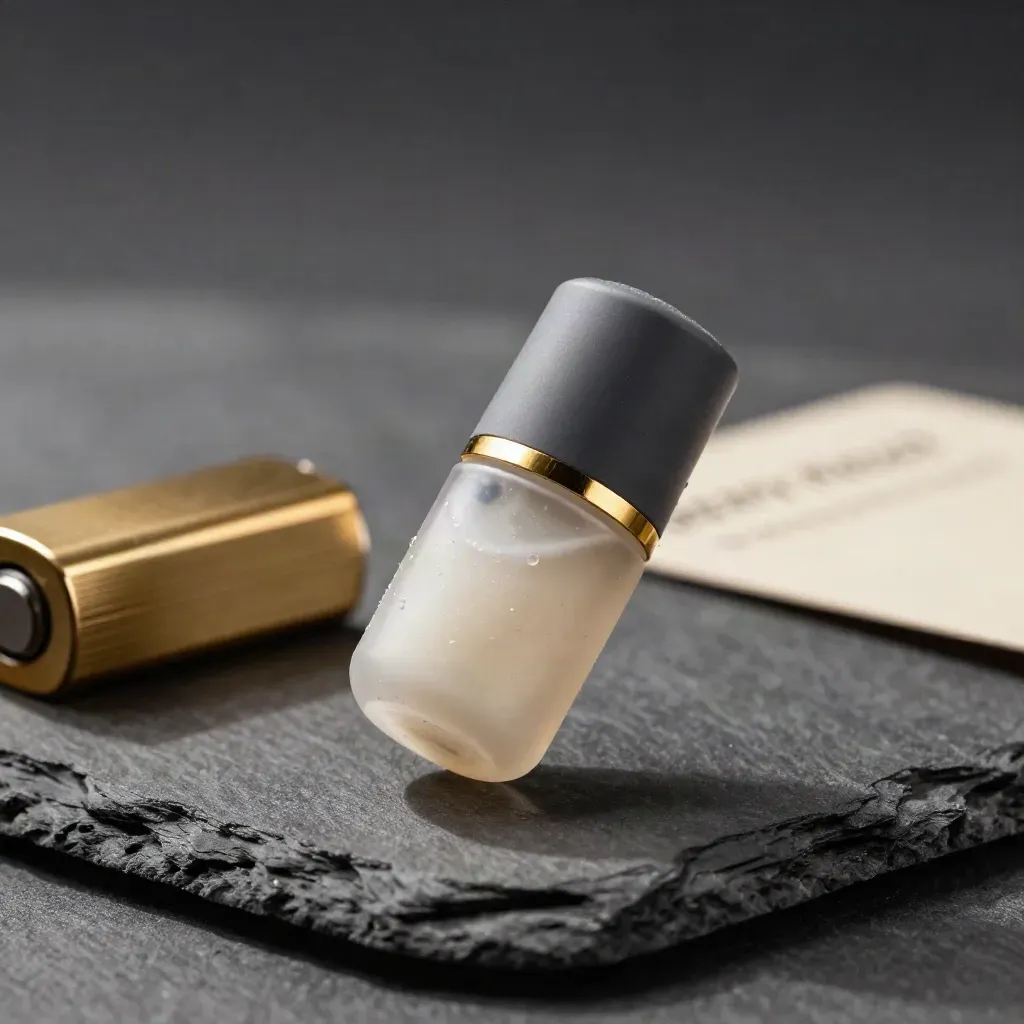 Frosted THC pod hovering over graphite with brass accents and cold mist.