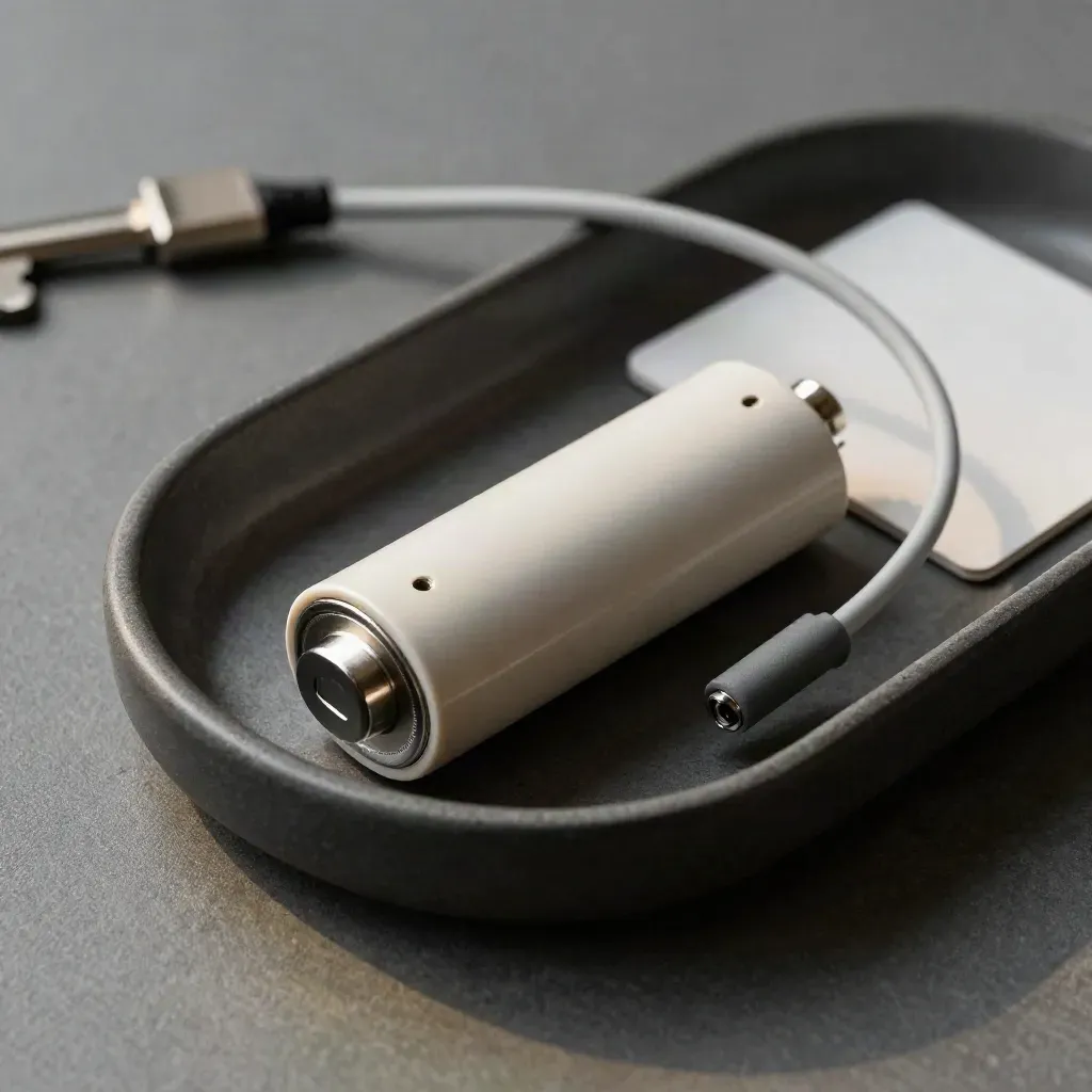 Overhead macro of a ceramic 510 battery in a charcoal tray with charger puck and cable loop.