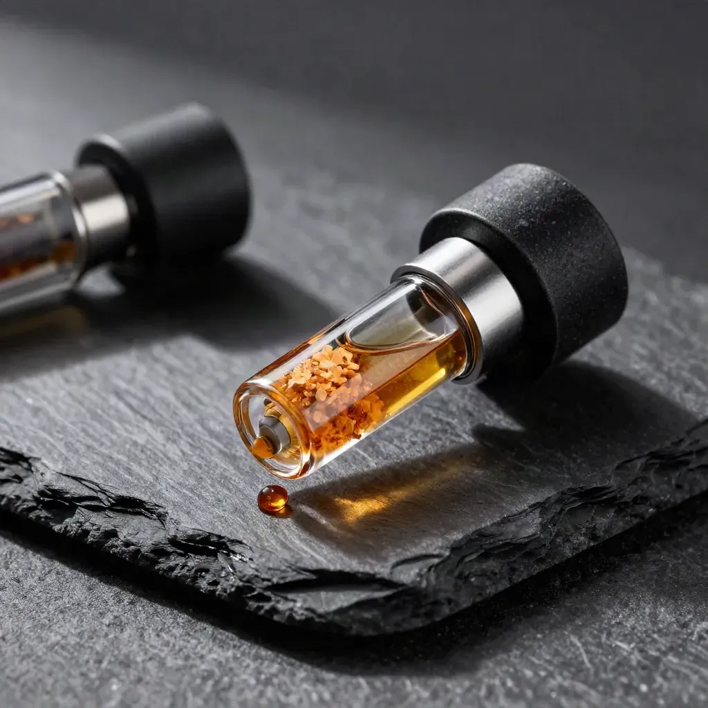 Macro of a rosin-filled vape cartridge and cap over dark stone, lit dramatically.